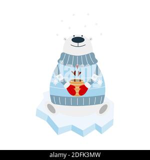 Eisbären-Charakter sitzt auf Eis und hält eine Tasse Kaffee. Flache Vektorgrafik auf weißem Hintergrund. Kann für Weihnachtskarte, Aufkleber, p verwendet werden Stock Vektor