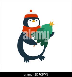 Weihnachtspinguin mit Baum isoliert auf weißem Hintergrund. Flache Vektorgrafik im Cartoon-Stil. Stock Vektor