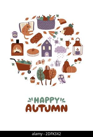 Happy Autumn Grußkarte von Kürbissen, Igel, Apfel, Pilze, Eicheln, Herbstblätter, Bäume, etc. Vektor-Illustration mit Elementen des Herbstes Stock Vektor