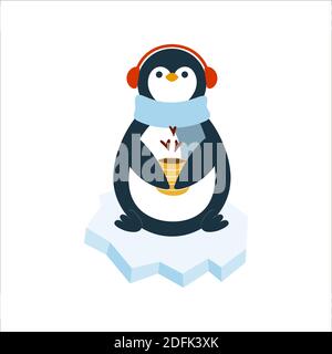 Weihnachtspinguin sitzt auf Eis und trinkt Tee. Flache Vektorgrafik im Cartoon-Stil. Stock Vektor