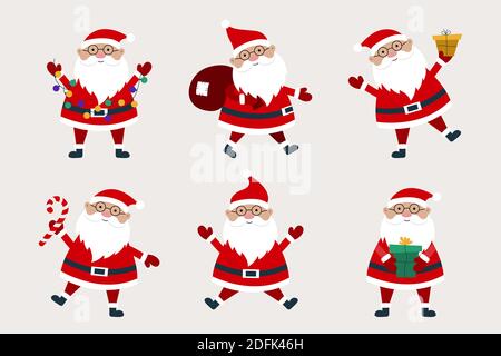 Weihnachtsmann Cartoon-Kollektion mit Geschenken, Tasche, Zuckerrohr und Girlande. Kann für Weihnachtskarten, Poster, Aufkleber und etc. Verwendet werden Stock Vektor