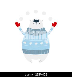 Eisbär spielt mit Schneebällen isoliert auf weißem Hintergrund. Kann für Weihnachtskarte, Aufkleber, Poster, etc. Verwendet werden Stock Vektor