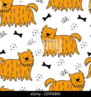 Nahtloses Muster mit handgezeichneten Hunden auf weißem Hintergrund. Skandinavische Vektorgrafik. Kann für Tapeten, Textilien, Verpackungen verwendet werden. Stock Vektor