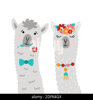 Paar Lamas frisch vermählt. Hübsches Alpaka. Vektor-Illustration mit Lama-Gesichter für Poster, Postkarte, T-Shirt, Aufkleber, etc. Stock Vektor