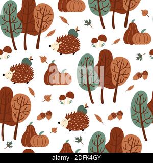 Herbst nahtloses Muster mit Kürbissen, Igel, Pilzen, Eicheln, Herbstblättern und Bäumen. Vektor-Illustration mit Herbstjahreszeit-Elementen. Stock Vektor