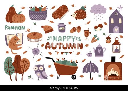 Happy Autumn Set von Kürbissen, Igel, Pilze, Eicheln, Haus, Eule, Herbstblätter, Bäume, etc. Vektor-Illustration mit Elementen der Herbstsaison Stock Vektor