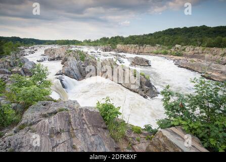 Der Potomac River fließt durch eine felsige Schlucht bei Great Falls. Stockfoto