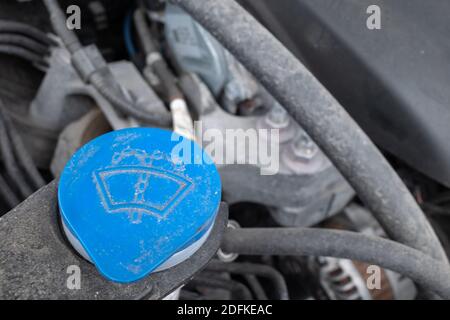 Eine blaue Kappe für einen Windschutzscheibenwaschflüssigkeitsbehälter ist unter der Motorhaube eines Autos zu sehen. Die Kappe und die umliegenden mechanischen Komponenten sind verschmutzt. Stockfoto