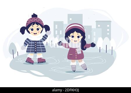 Kinder Winter. Zwei Mädchen fahren auf einer Eisbahn in der Stadt auf blauem Hintergrund mit Stadtbild, Häusern und Bäumen. Wintersport und Unterhaltung. Vecto Stock Vektor
