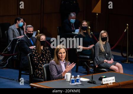 Amy Coney Barrett, Nominierte für das Oberste Gericht, während der Anhörung des Justizausschusses des Senats am 14. Oktober 2020 in Washington, DC, USA. Foto von Demetrius Freeman/Pool/ABACAPRESS.COM Stockfoto