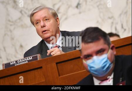 Der Vorsitzende der Justizbehörde des Senats, Lindsey Grahamspricht während einer Geschäftssitzung des Justizausschusses des Senats im Hart Senate Office Building auf dem Capitol Hill in Washington, DC am 15. Oktober 2020. Foto von Mandel Ngan/Pool/ABACAPRESS.COM Stockfoto