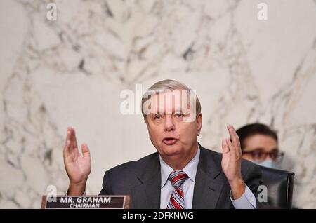 Der Vorsitzende der Justizbehörde des Senats, Lindsey Grahamspricht während einer Geschäftssitzung des Justizausschusses des Senats im Hart Senate Office Building auf dem Capitol Hill in Washington, DC am 15. Oktober 2020. Foto von Mandel Ngan/Pool/ABACAPRESS.COM Stockfoto