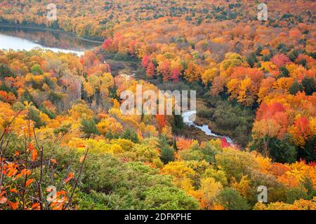 High-Angle-Ansicht der Bäume in brillanter Herbstfarbe in der Nähe Ein See und ein kleiner Fluss Stockfoto
