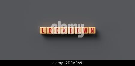 Holzwürfel mit der Meldung LOCKDOWN auf grau-blauem Hintergrund - 3d-Illustration - 3d-Illustration Stockfoto