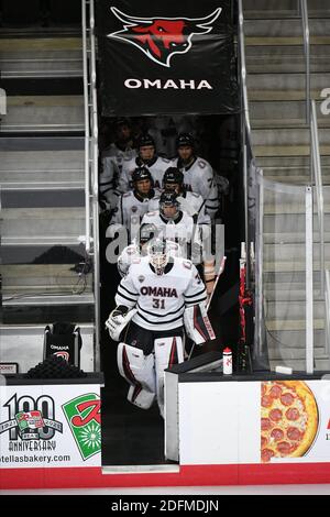 5. Dezember 2020 Nebraska-Omaha Mavericks Torhüter Isaiah Saville (31) führt sein Team auf das Eis vor einem NCAA D1 Herren Hockey Spiel zwischen der University of Nebraska-Omaha Mavericks und der Miami University RedHawks in Baxter Arena in Omaha NE, Heimat des NCHC ''Pod'', wo die ersten 38 .National Collegiate Hockey Conference Spiele unter sicheren Bedingungen gespielt werden, um vor Covid-19 zu schützen. Nach der ersten Periode gibt es keine Punktzahl. Foto von Russell Hons/CSM Stockfoto