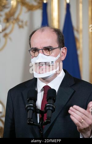 Der französische Premierminister Jean Castex bei einer Pressekonferenz nach dem Treffen des interministeriellen Ausschusses für Behinderung am 16. November 2020 in Paris. Foto von Jacques Witt/Pool/ABACAPRESS.COM Stockfoto