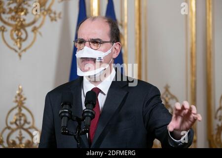 Der französische Premierminister Jean Castex bei einer Pressekonferenz nach dem Treffen des interministeriellen Ausschusses für Behinderung am 16. November 2020 in Paris. Foto von Jacques Witt/Pool/ABACAPRESS.COM Stockfoto
