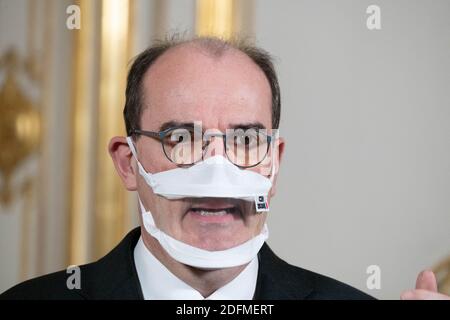 Der französische Premierminister Jean Castex bei einer Pressekonferenz nach dem Treffen des interministeriellen Ausschusses für Behinderung am 16. November 2020 in Paris. Foto von Jacques Witt/Pool/ABACAPRESS.COM Stockfoto