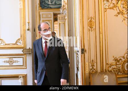 Der französische Premierminister Jean Castex bei einer Pressekonferenz nach dem Treffen des interministeriellen Ausschusses für Behinderung am 16. November 2020 in Paris. Foto von Eric Tschaen/Pool/ABACAPRESS.COM Stockfoto