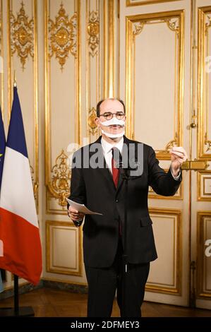 Der französische Premierminister Jean Castex bei einer Pressekonferenz nach dem Treffen des interministeriellen Ausschusses für Behinderung am 16. November 2020 in Paris. Foto von Eric Tschaen/Pool/ABACAPRESS.COM Stockfoto