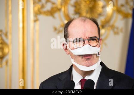 Der französische Premierminister Jean Castex bei einer Pressekonferenz nach dem Treffen des interministeriellen Ausschusses für Behinderung am 16. November 2020 in Paris. Foto von Eric Tschaen/Pool/ABACAPRESS.COM Stockfoto