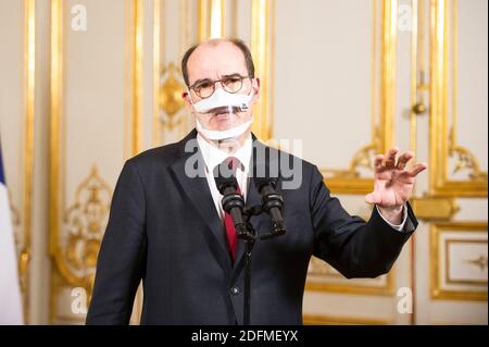 Der französische Premierminister Jean Castex bei einer Pressekonferenz nach dem Treffen des interministeriellen Ausschusses für Behinderung am 16. November 2020 in Paris. Foto von Eric Tschaen/Pool/ABACAPRESS.COM Stockfoto