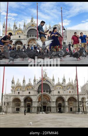 -- OBEN : Venedig von Touristen überfallen : Touristen spielen mit Tauben auf dem Markusplatz, dem Zentrum der touristischen Schwerkraft in Venedig, Italien am 12. August 2017.seit Jahren wird die Stadt Venedig von Touristen überfallen. 30 Millionen pro Jahr ! Ob durch Selfie-Stöcke, laute Wheelie-Koffer oder Menschen, die auf einer der 391 Brücken schnüffeln, gereizt, die Verachtung der Venezianer gegenüber den 30 Millionen Besuchern, die die Stadt jedes Jahr überschwemmen, hat alarmierende Ausmaße erreicht. -- UNTEN: Venedig seit Covid-19 verlassen: Touristen und Tauben haben den Markusplatz in Venedig am 2020. November verlassen. Nach Covid-19, des Stockfoto
