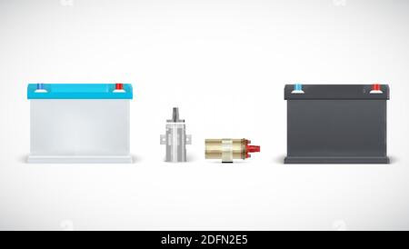 Symbole der Autobatterie und Zündspule isoliert auf weißem Hintergrund. Set von realistischen Autoteilen. Vektor-3d-Illustration. Stock Vektor