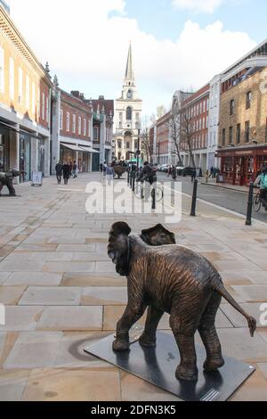 Eine der Herde der Hoffnung Skulptur mit einem Hintergrund der Christ Church Spitalfields Markt gesehen. Die Skulptur ist Teil der 21 lebensgroßen bronzenen Elefanten, die Waisenkindern in der Obhut des Sheldrick Wildlife Trust in Kenia nachempfunden sind. Die Models und Künstler Gillie und Marcart, die erstmals um Dezember 2019 in London gezeigt wurden. Stockfoto