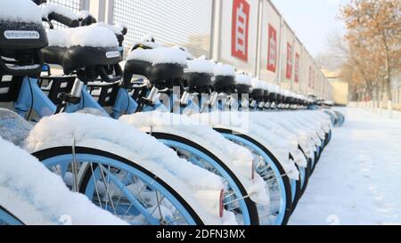 Yinchuan, China. Dezember 2020. Mobikes (Station-less Fahrrad-Sharing-System mit Sitz in Peking) werden von Schnee bedeckt auf der Ningxia Universität Hauptcampus gesehen. Kredit: SOPA Images Limited/Alamy Live Nachrichten Stockfoto