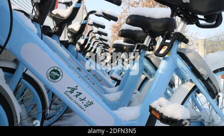 Yinchuan, China. Dezember 2020. Ansicht des Ningxia Universitätslogos auf einem mobike (Station-less Fahrrad-Sharing-System mit Sitz in Peking) bedeckt von Schnee am Ningxia Universität Hauptcampus Kredit: SOPA Images Limited/Alamy Live News Stockfoto