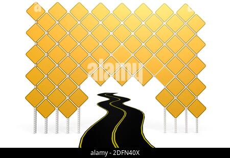 Blank gelbes Straßenschild mit schwarzer Straße isoliert, 3D-Rendering Stockfoto