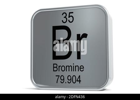 Brom-Element-Symbol auf Metallblock, 3D-Rendering Stockfoto