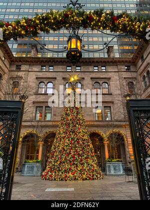 Weihnachtsbaum vor dem Lotte New York Palace Hotel in New York City. Manhattan, New York. Stockfoto