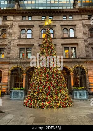 Weihnachtsbaum vor dem Lotte New York Palace Hotel in New York City. Manhattan, New York. Stockfoto