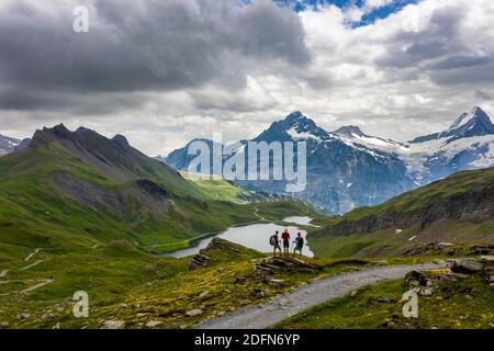 Wanderer stehen vor Bachalpsee, Schreckhorn und Finsteraarhorn, Grindelwald, Berner Oberland, Schweiz Stockfoto