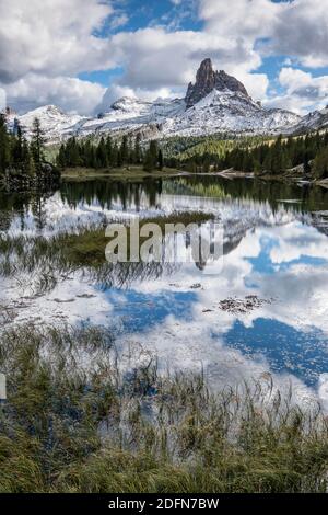 Monte Pelmo spiegelt sich im Bergsee Lago Federa, Dolomiten, Provinz Trentino, Italien Stockfoto