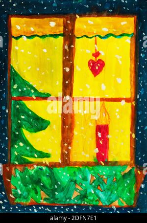 Naive Illustration, Kinderzeichnung, Weihnachten, Blick durch ein Fenster zum Weihnachtsbaum, Österreich Stockfoto