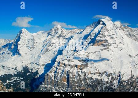 Berner Alpen, Eiger, 3970 m, Mönch, 4099 m, Jungfrau, 4158 m, Blick von Schilthorn, Lauterbrunnen, Bern, Berner Oberland, Schweiz Stockfoto