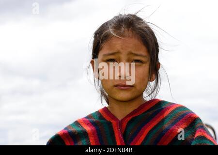 Indigenes Mädchen schaut ernsthaft in die Kamera, in der Nähe von Otavalo, Provinz Imbabura, Ecuador Stockfoto