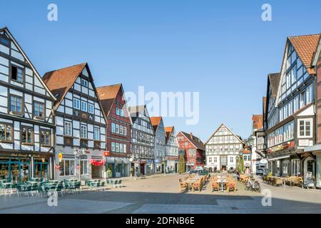 Historische Fachwerkhäuser am Marktplatz, Rinteln, Weserbergland, Niedersachsen, Deutschland Stockfoto