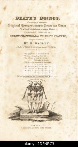 Titelseite mit Kalligraphie und Vignette von drei Skeletten auf einem Grabstein, der Letzte der Grazien. Gezeichnet und auf Stahl graviert von Richard Dagley aus seinem eigenen Death’s Doings, bestehend aus zahlreichen Originalkompositionen in Vers und Prosa, J. Andrews, London, 1827. Dagley (1761-1841) war ein englischer Maler, Illustrator und Kupferstecher. Stockfoto