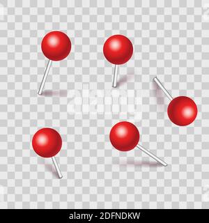 Satz von Kunststoff-Stecknadeln mit Schatten isoliert auf transparentem Hintergrund. Vektorgrafik. Stock Vektor