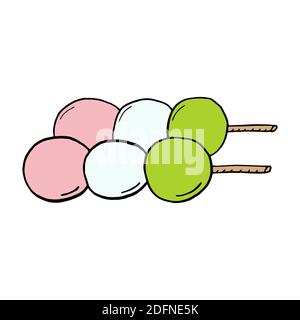 Vektor Hand gezeichnete Doodle Dango auf einem Stock. Japanischer Reis Dessert. Design Skizzenelement für Menü Café, Restaurant, Etikett und Verpackung. Bunte Illus Stock Vektor