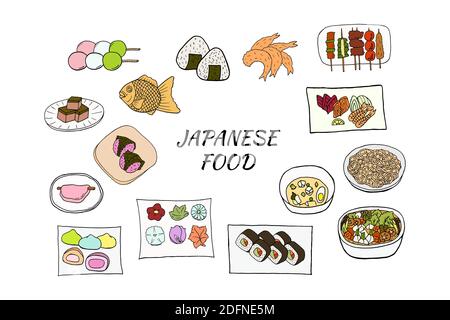 Vektor Hand gezeichnete Doodle Set von japanischen Speisen. Design Skizzen Elemente für Menü Café, Restaurant, Etikett und Verpackung. Bunte Illustration auf einem weißen Stock Vektor