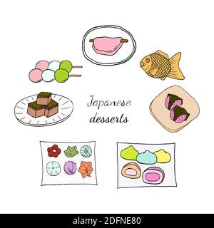 Vector handgezeichnete Doodle Set von japanischen Desserts. Design Skizzen Elemente für Menü Café, Restaurant, Etikett und Verpackung. Bunte Illustration auf einem w Stock Vektor