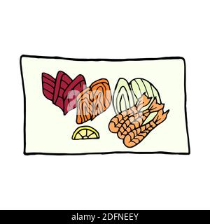 Vektor Hand gezeichnete Doodle Sashimi auf dem Teller. Japanisches Gericht. Design Skizzenelement für Menü Café, Restaurant, Etikett und Verpackung. Bunt i Stock Vektor