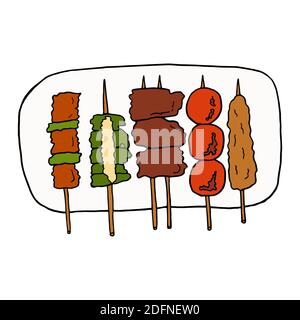 Vektor Hand gezeichnete Doodle Yakitori. Japanischer Grill. Design Skizzenelement für Menü Café, Restaurant, Etikett und Verpackung. Farbenfrohe Abbildung auf einem Stock Vektor