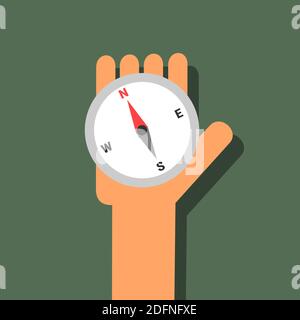 Kompass - Instrument und Gerät für Navigation und Orientierung. Kaukasische Hand hält Werkzeug. Vektorgrafik. Stockfoto