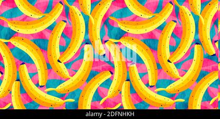 Nahtloses Vintage-Muster mit gelben Bananen im Pop-Art-Stil. Bananenmuster mit rosa Schatten. Tropisches Muster mit Bananen. Stockfoto